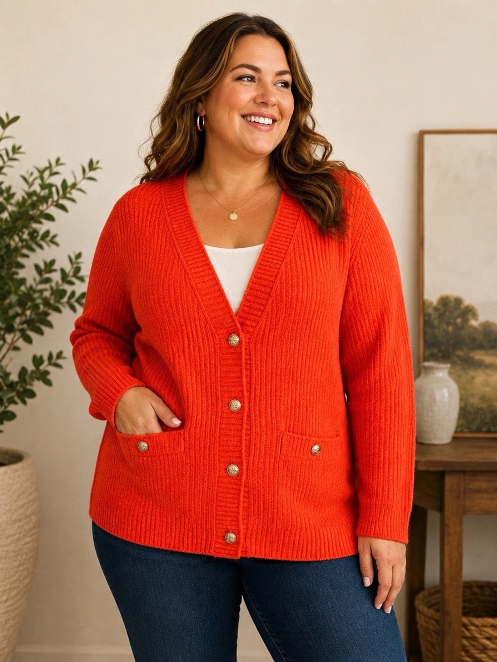 Lane Bryant Bright Orange Ribbed V-Neck Button Cardigan